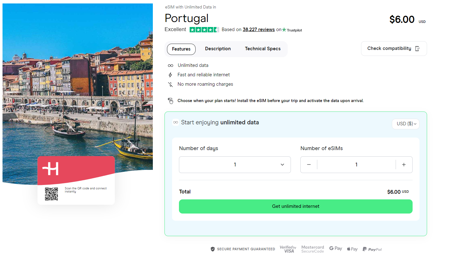 Unlimited data eSIM for Portugal