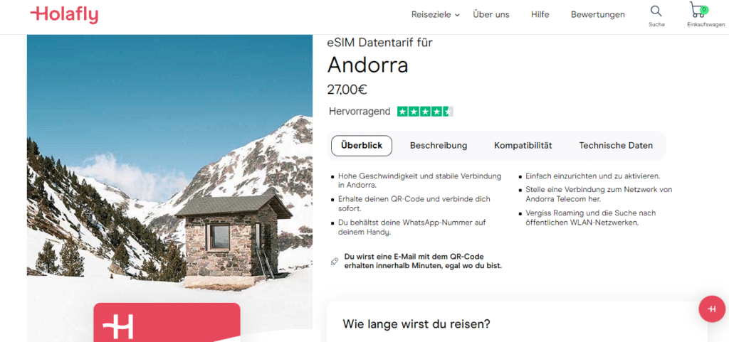 Webseite Holafly eSIM kaufen Andorra
