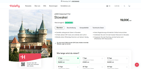 Webseite Holafly Slowakei eSIM