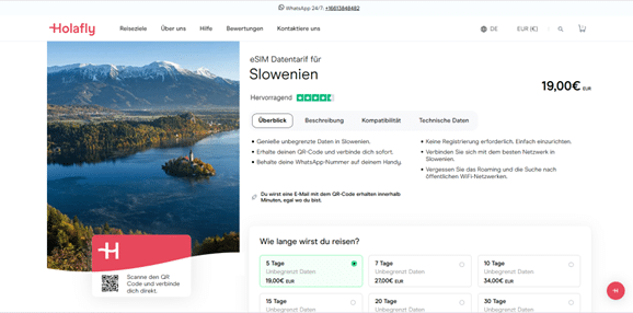 Webseite Holafly für die eSIM Slowenien