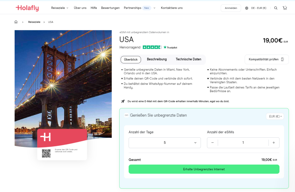 Ein Screenshot der Seite der Holafly-Website, auf der man eine USA eSIM-Karte kaufen kann.