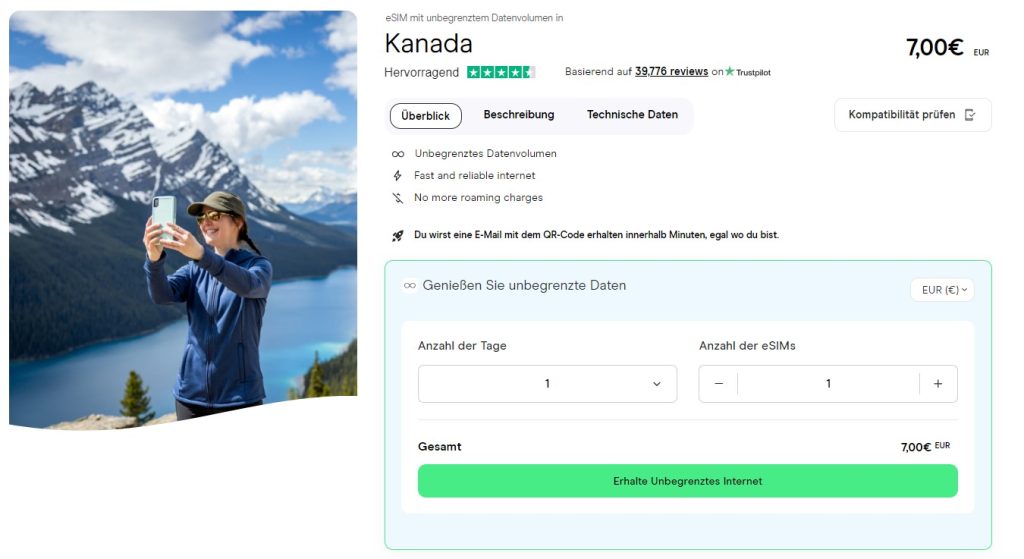 Ein Screenshot der Holafly-Website, auf der Sie eine eSIM-Karte Kanada kaufen können.