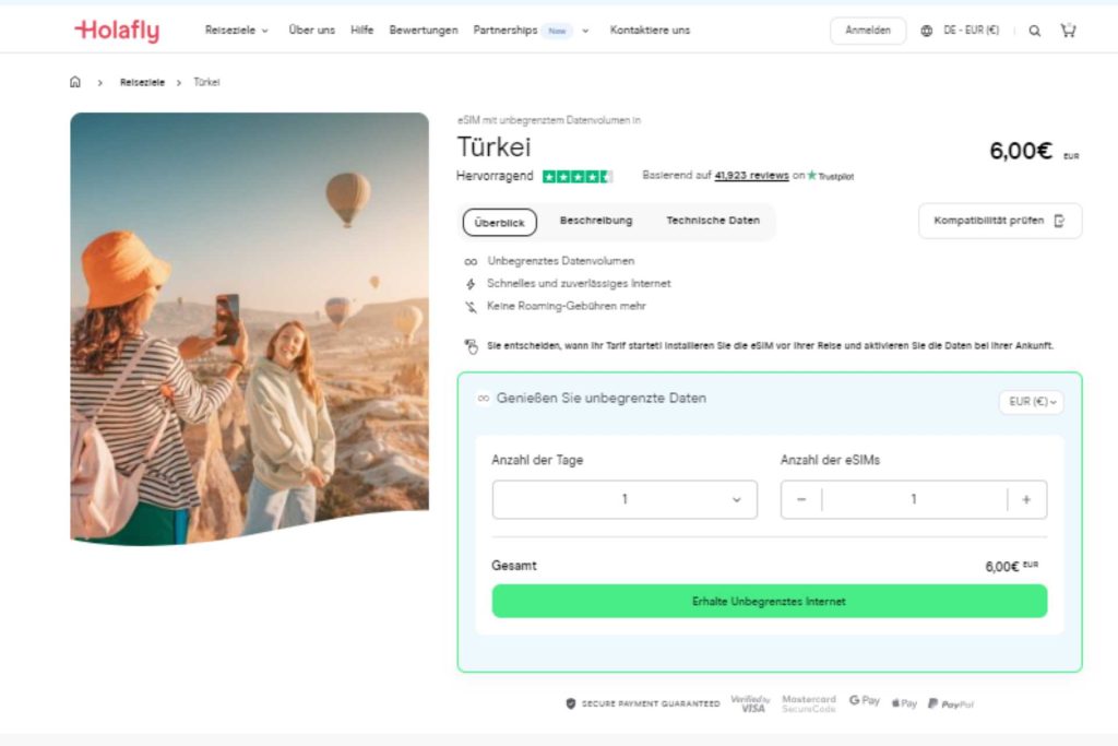 Ein Screenshot der Seite der Holafly-Website, auf der Sie eine eSIM Türkei kaufen können.