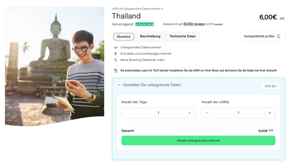 Ein Screenshot der Seite der Holafly-Website, auf der man eine SIM-Karte für Thailand kaufen kann.