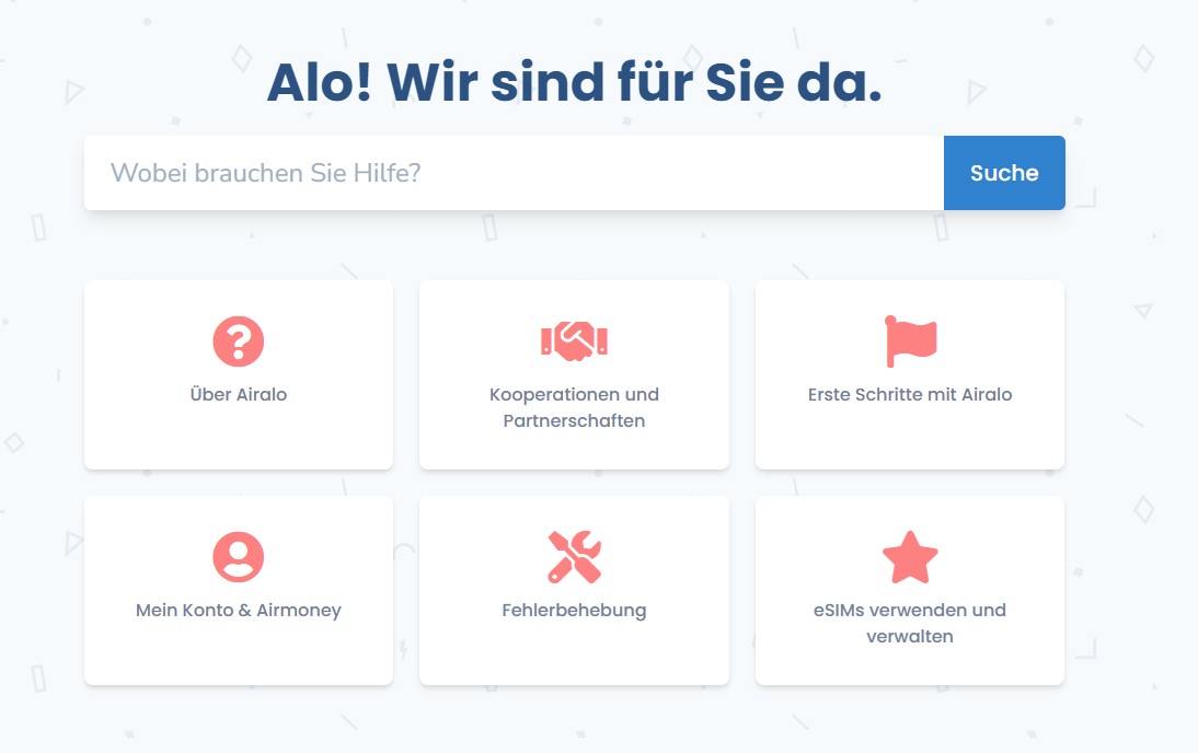 Startseite des Hilfezentrums der Airalo-Website.