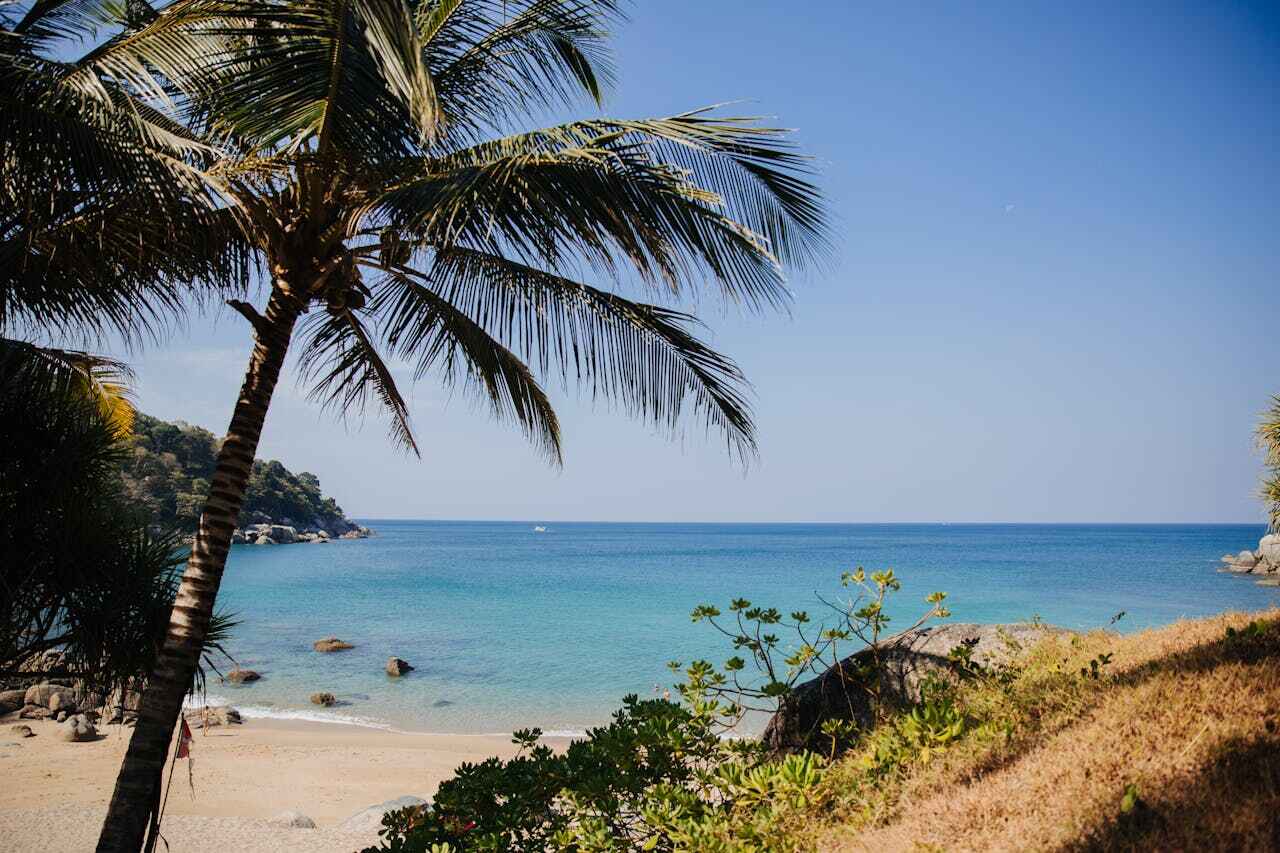 Eine Palme und der weiße Sand am Banana Beach in Thailand.