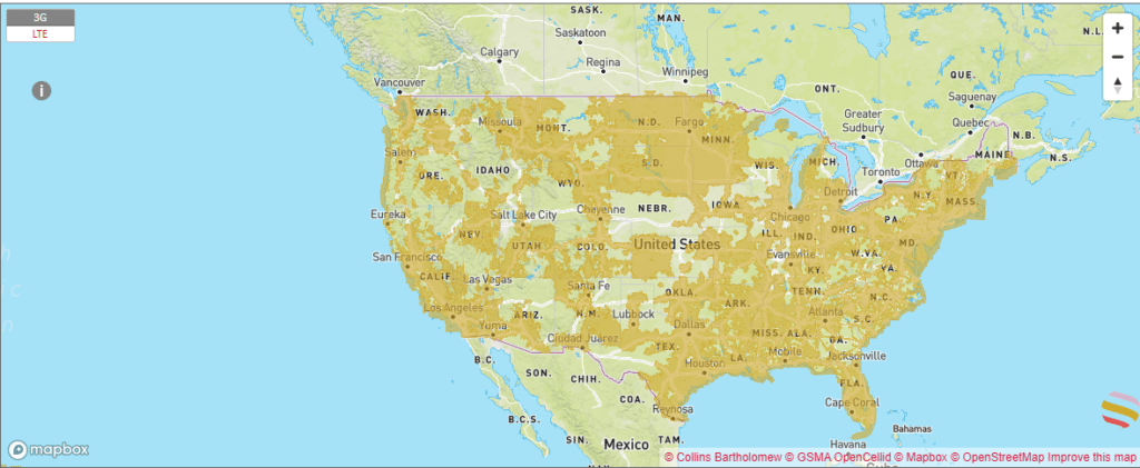 Mapa de cobertura red móvil AT&T en Estados Unidos