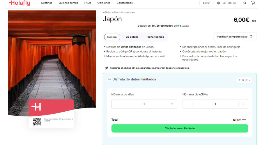 eSIM de Holafly con datos ilimitados para Japón