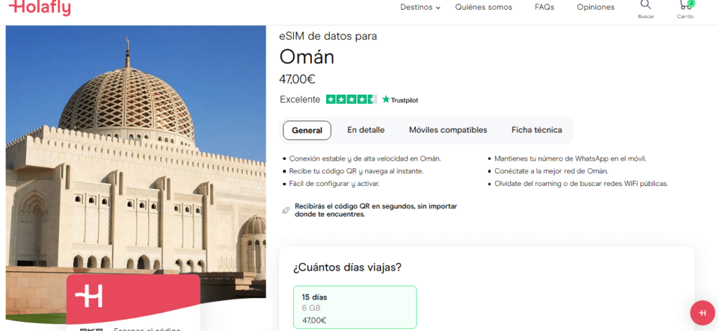 Tarifas de planes de datos de eSIM Omán de Holafly
