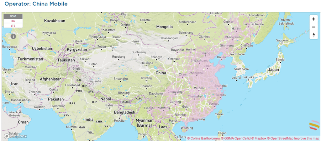 Mapa de cobertura 3G y 4G de China Mobile