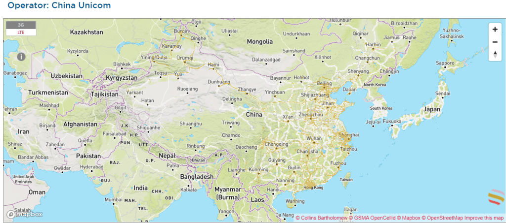 Mapa de cobertura 3G y 4G de China Unicom