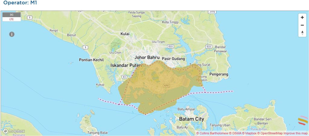 Mapa de cobertura de Mobile One en Singapur