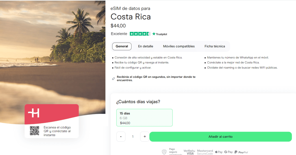 Planes y tarifas de Holafly con una eSIM para Costa Rica