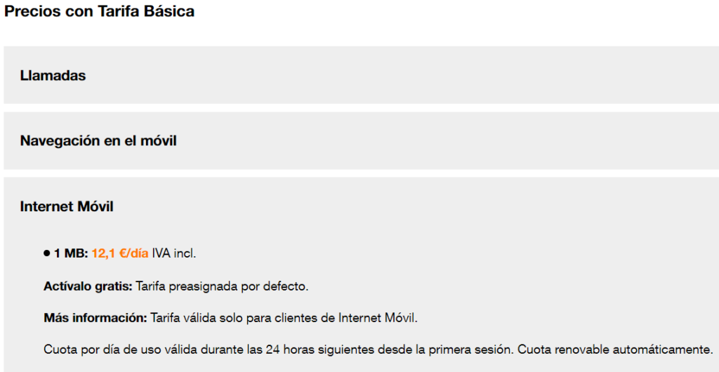 Tarifa por roaming de datos de Orange España 