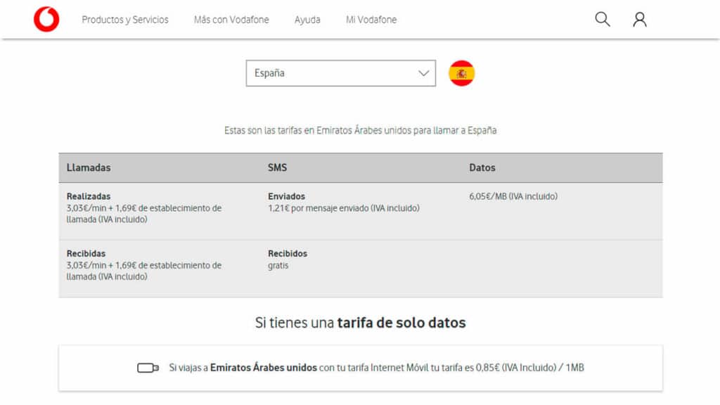 Tarifas de roaming de Vodafone España para Emiratos Árabes Unidos