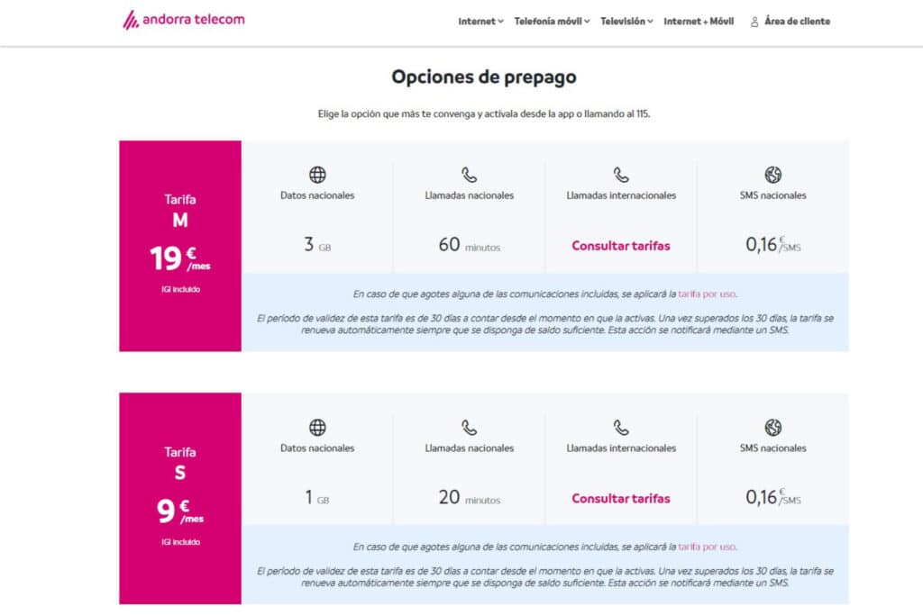 Planes prepago con Andorra Telecom