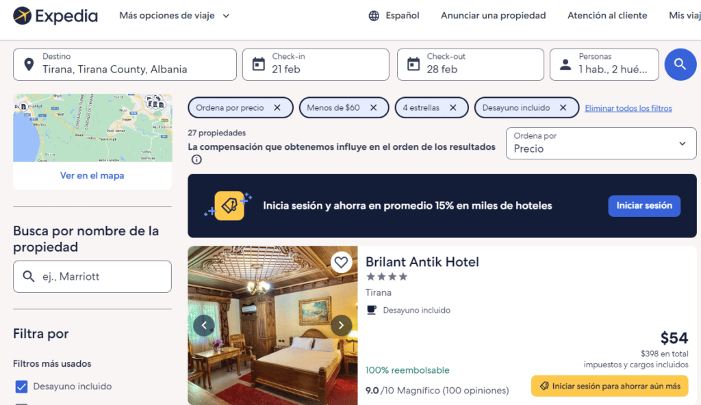 Ejemplo búsqueda reserva hotelera a menor precio en Tirana