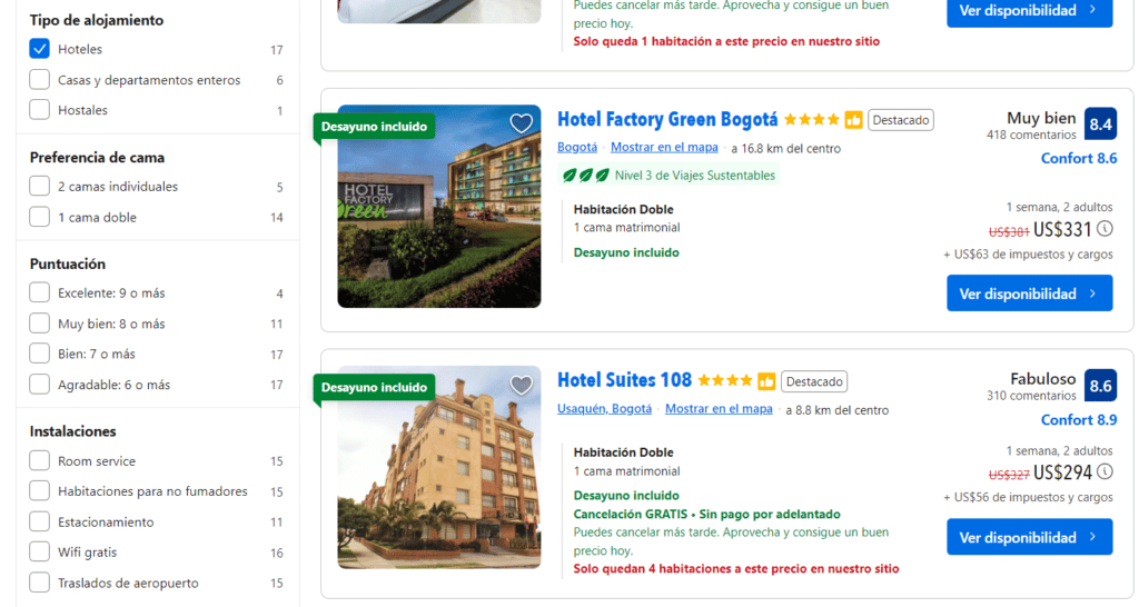 Ejemplo búsqueda reserva hotelera a menor precio para Bogotá