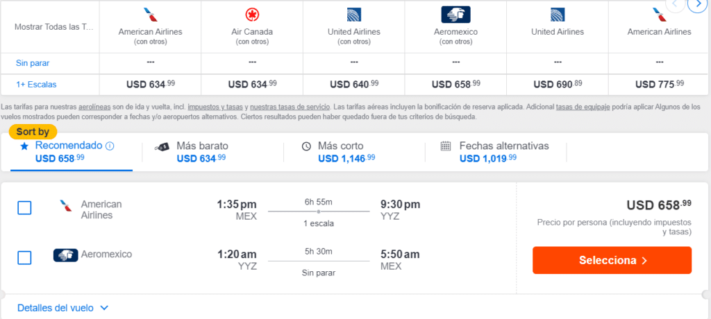 Ejemplo de vuelos baratos para Toronto, desde México