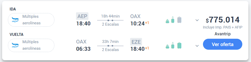 Ejemplo tiquete aéreo para viajar en enero de 2024 a Oaxaca desde Argentina