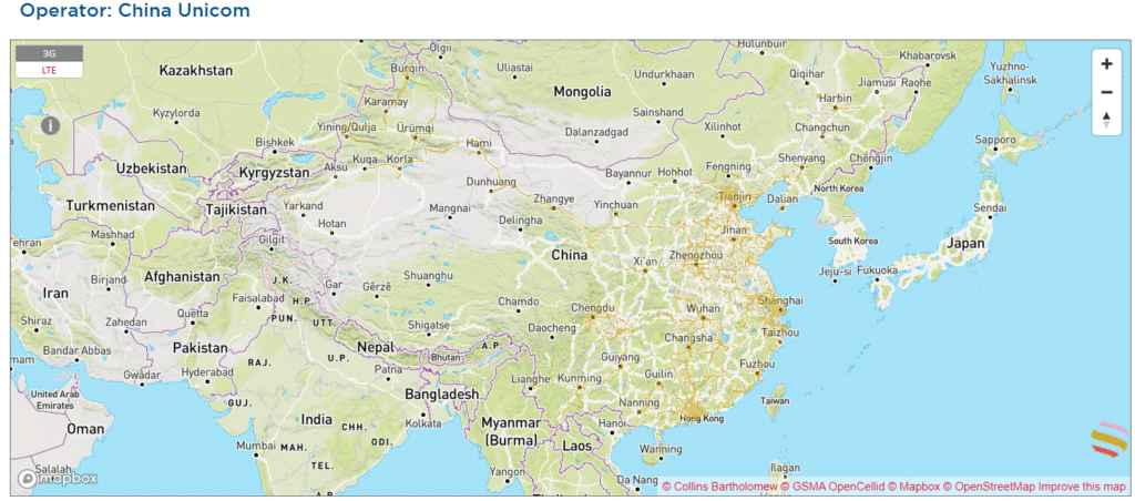 Mapa de cobertura red móvil de China Unicom