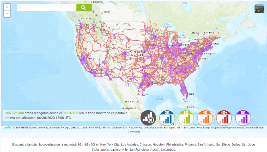 Mapa de cobertura red móvil Verzion en Estados Unidos