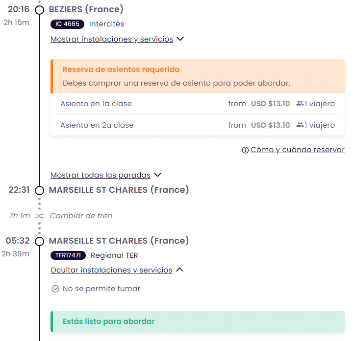 Ejemplo de cuándo comprar una reserva de asiento en tren