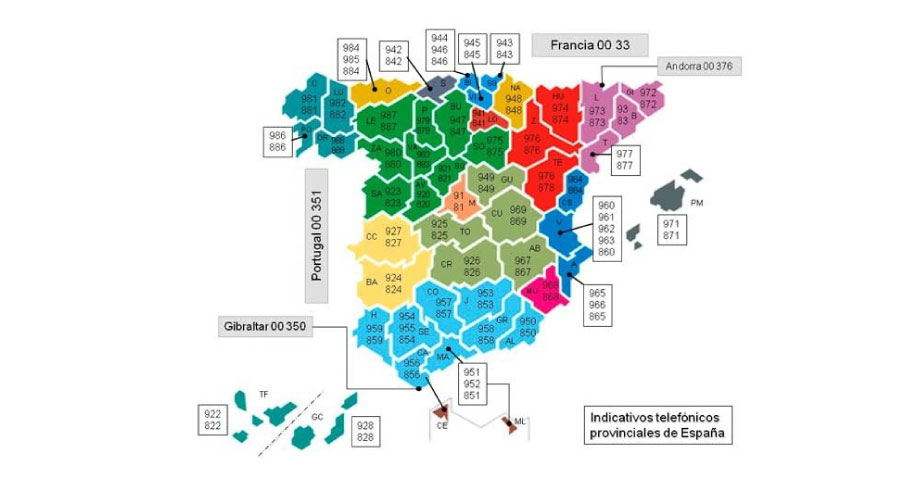 Mapa de prefijos para hacer llamadas en España