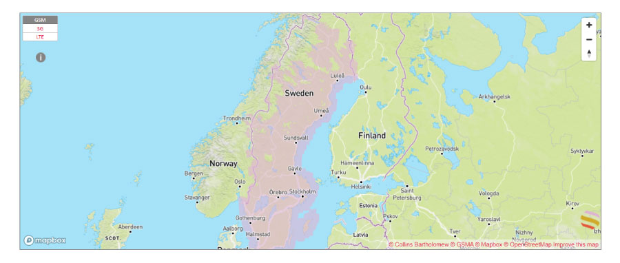 Mapa de cobertura que ofrece Tele2 en Suecia