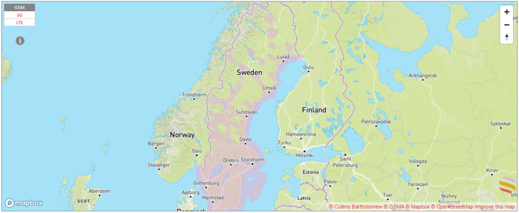 Mapa de cobertura de la red móvil de Telenor en Suecia 