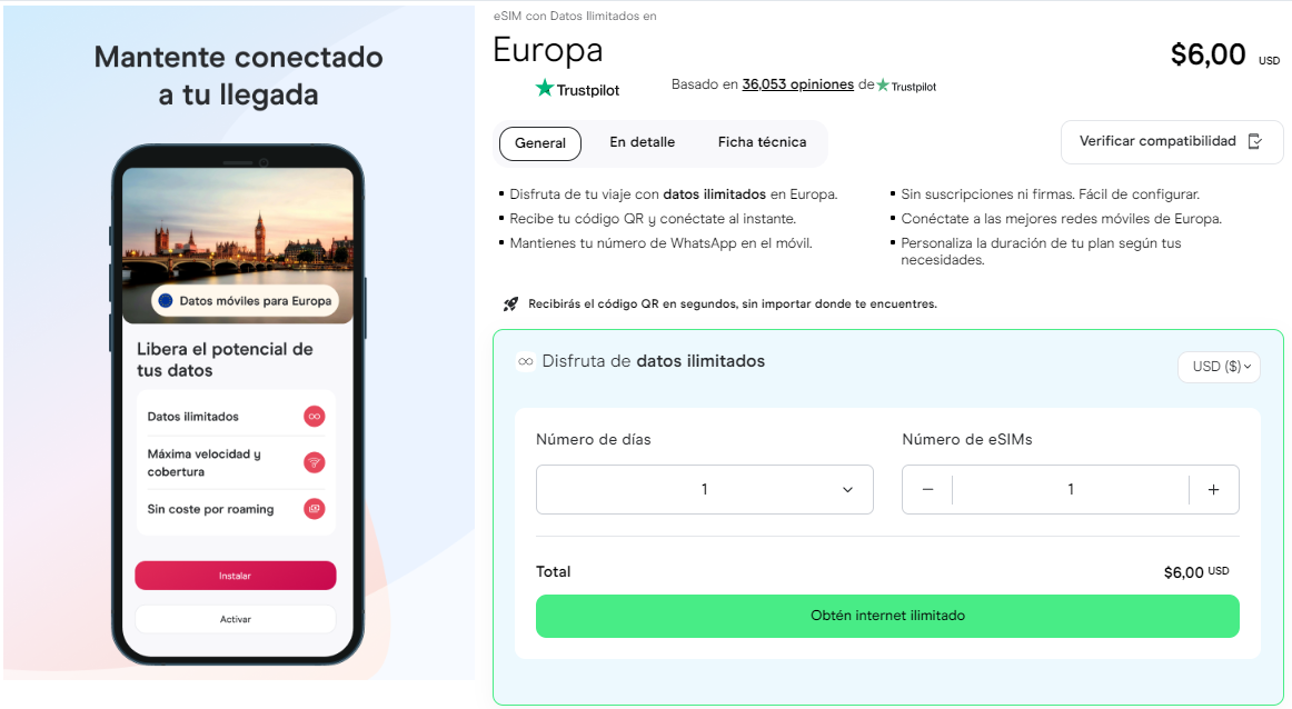 eSIMde Holafly  con datos ilimitados Europa