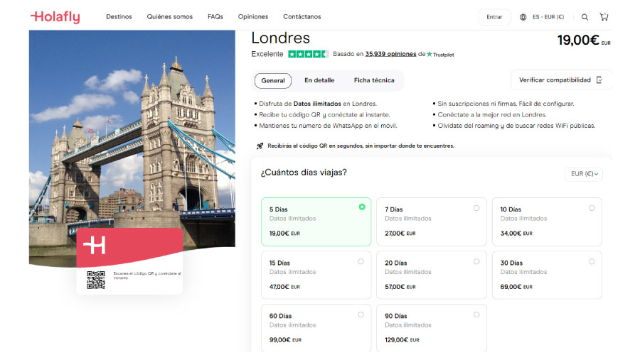 La eSIM para Londres de Holafly te proporciona datos ilimitados para tu viaje