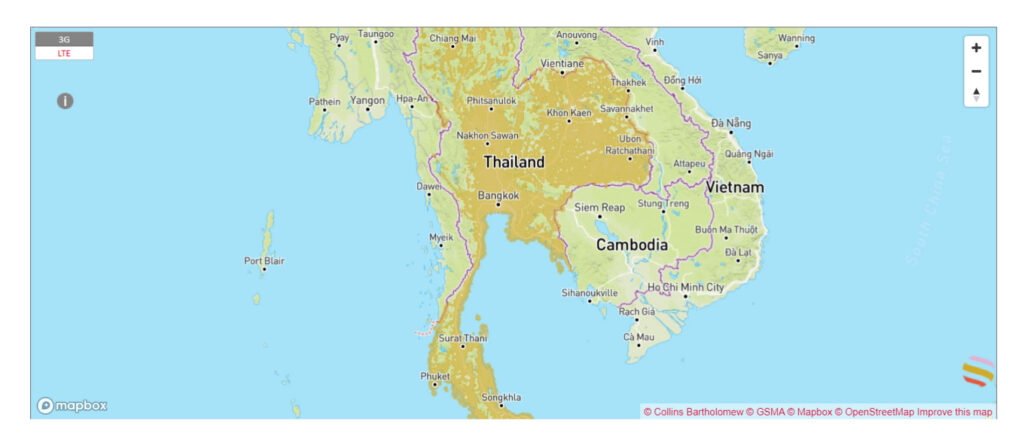 Mapa de cobertura red móvil DTAC en Tailandia