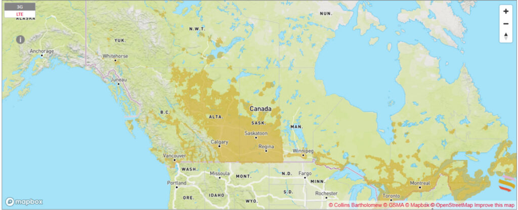 Mapa de cobertura red móvil de Telus en Canadá 
