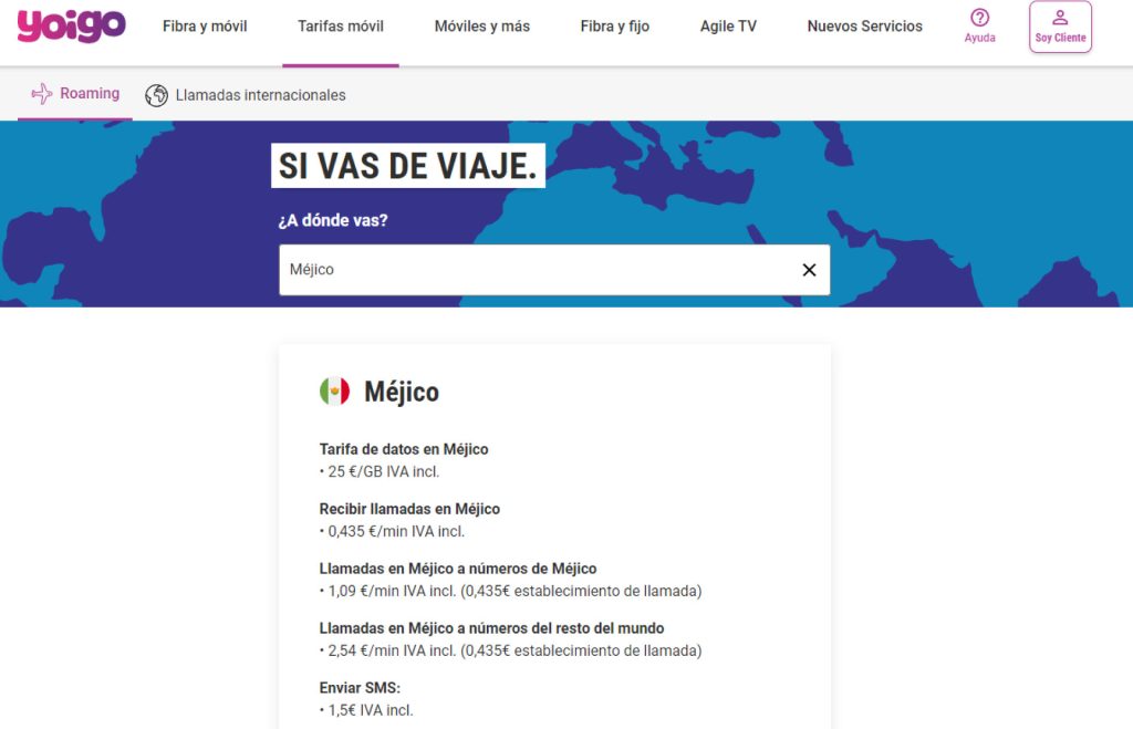 Calculadora de itinerancia o roaming de Yoigo