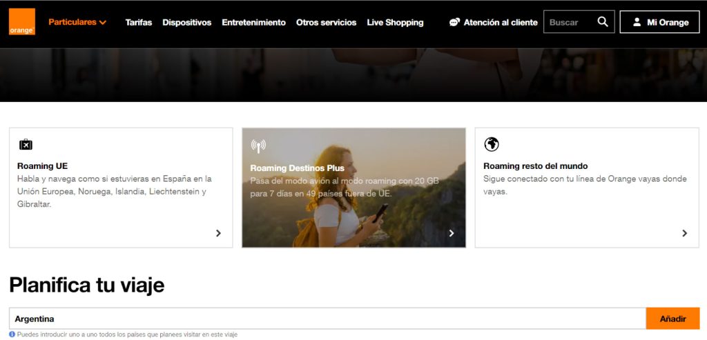 Página web con el servicio de itinerancia de Orange