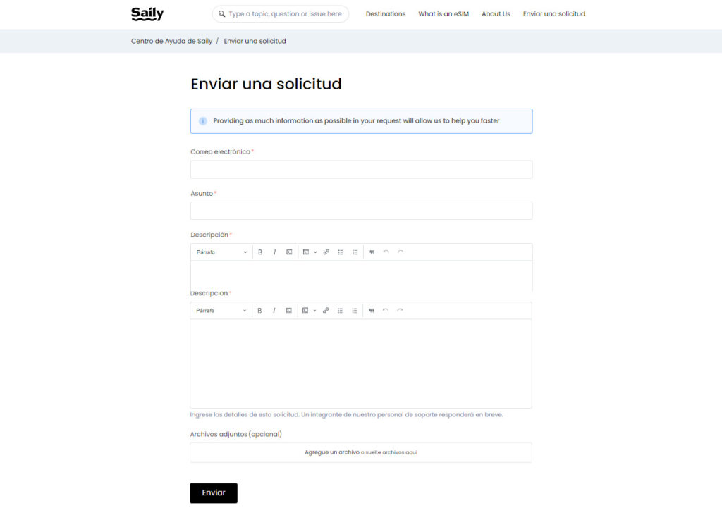 Formulario de contacto sitio web Saily eSIM