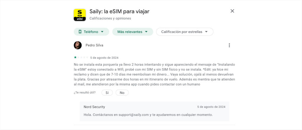 Opinión de Pedro sobre Saily