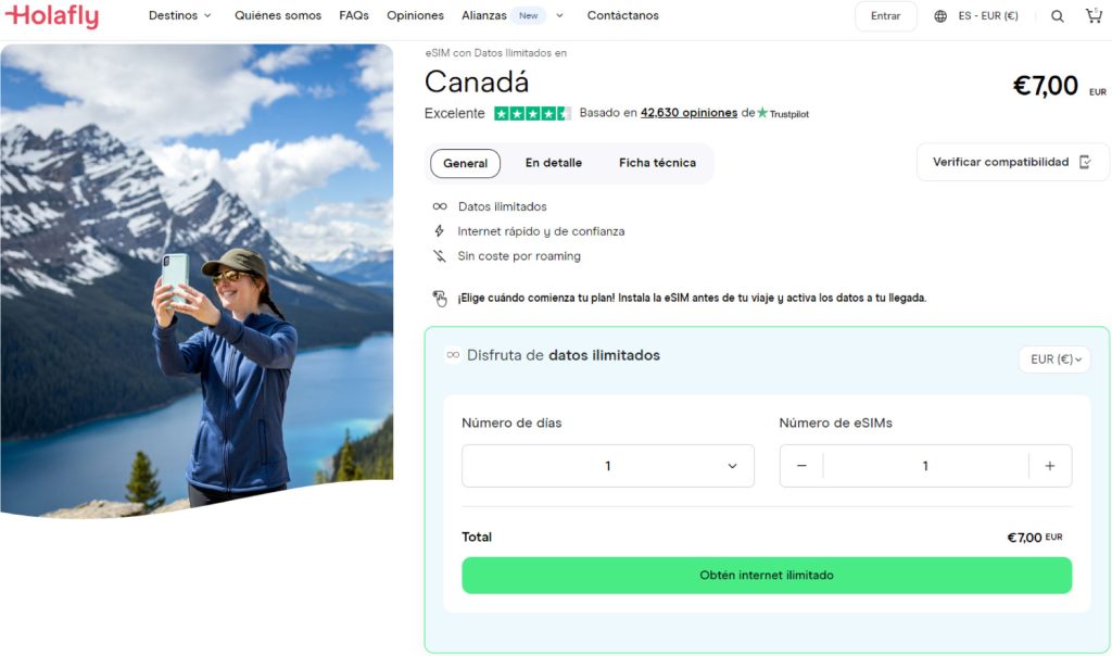 Vista de la tienda virtual de Holafly para comprar datos ilimitados para Canadá