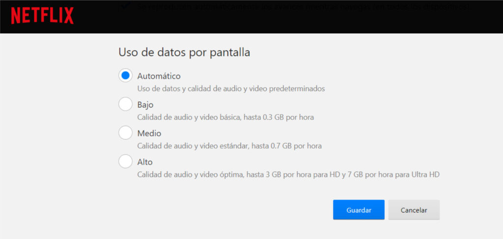 Uso de datos en Netflix por pantalla