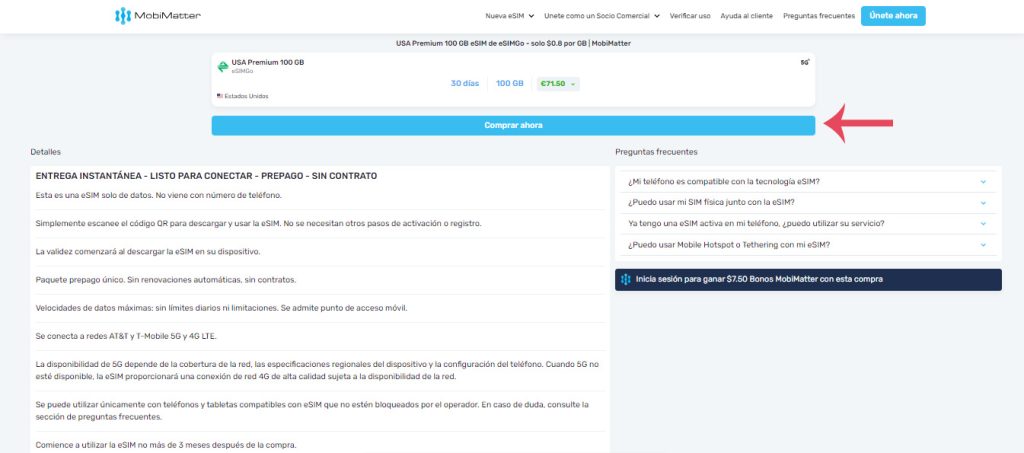 Comprar eSIM en Mercado Online MobiMatter