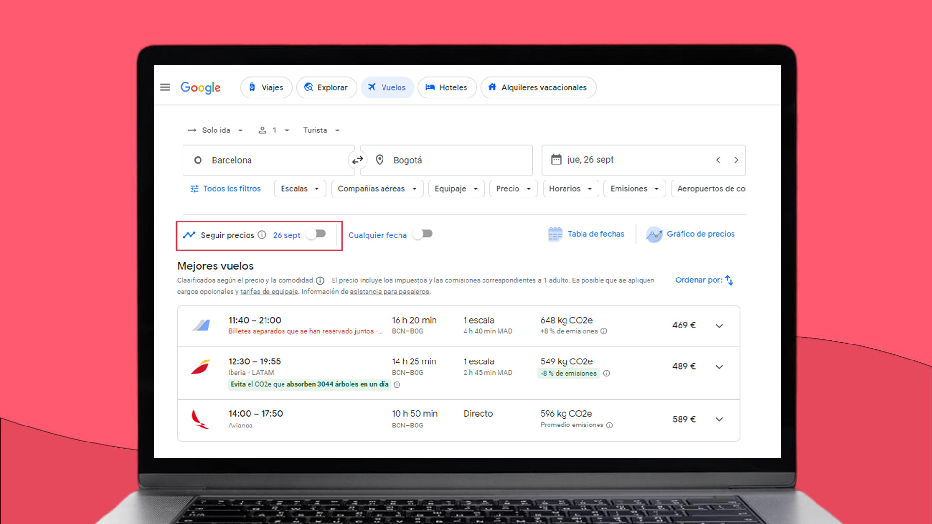 Seguir precios de vuelos en Google Flights