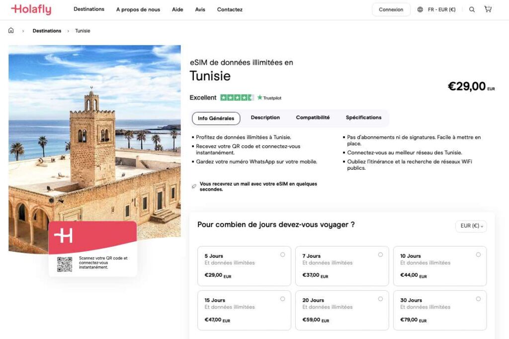 Une capture d'écran du site Internet d'Holafly sur lequel il est possible d'acheter une carte SIM Tunisie.