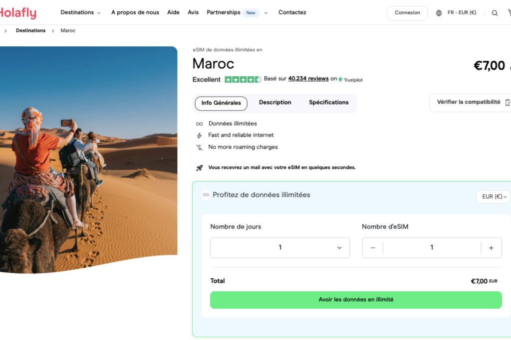Une capture d'écran du magasin Holafly montrant le forfait Internet Maroc