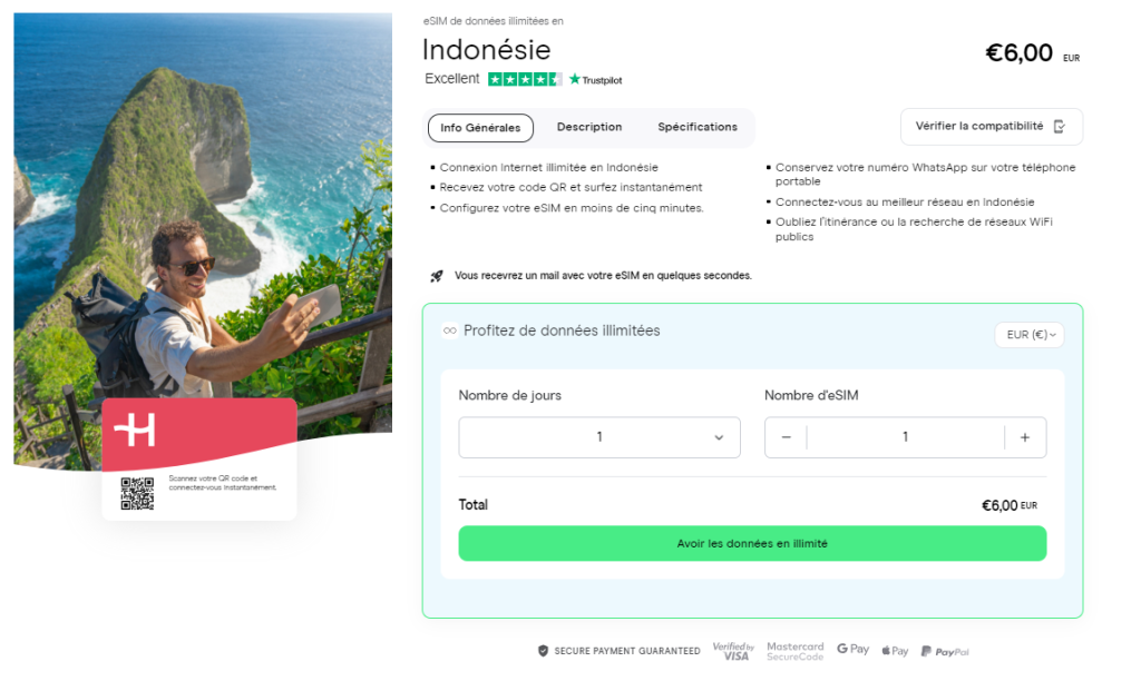 La page d'accueil sur le site de Holafly permettant de choisir la durée de la carte SIM Bali.