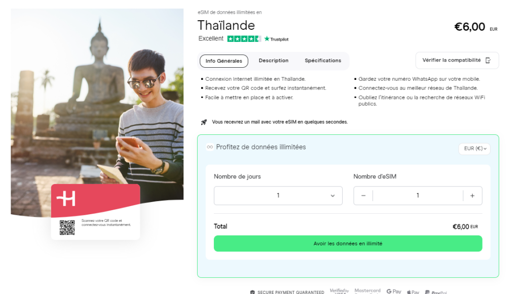 Une capture d'écran de la page du site Holafly permettant d'acheter une carte SIM pour la Thaïlande?