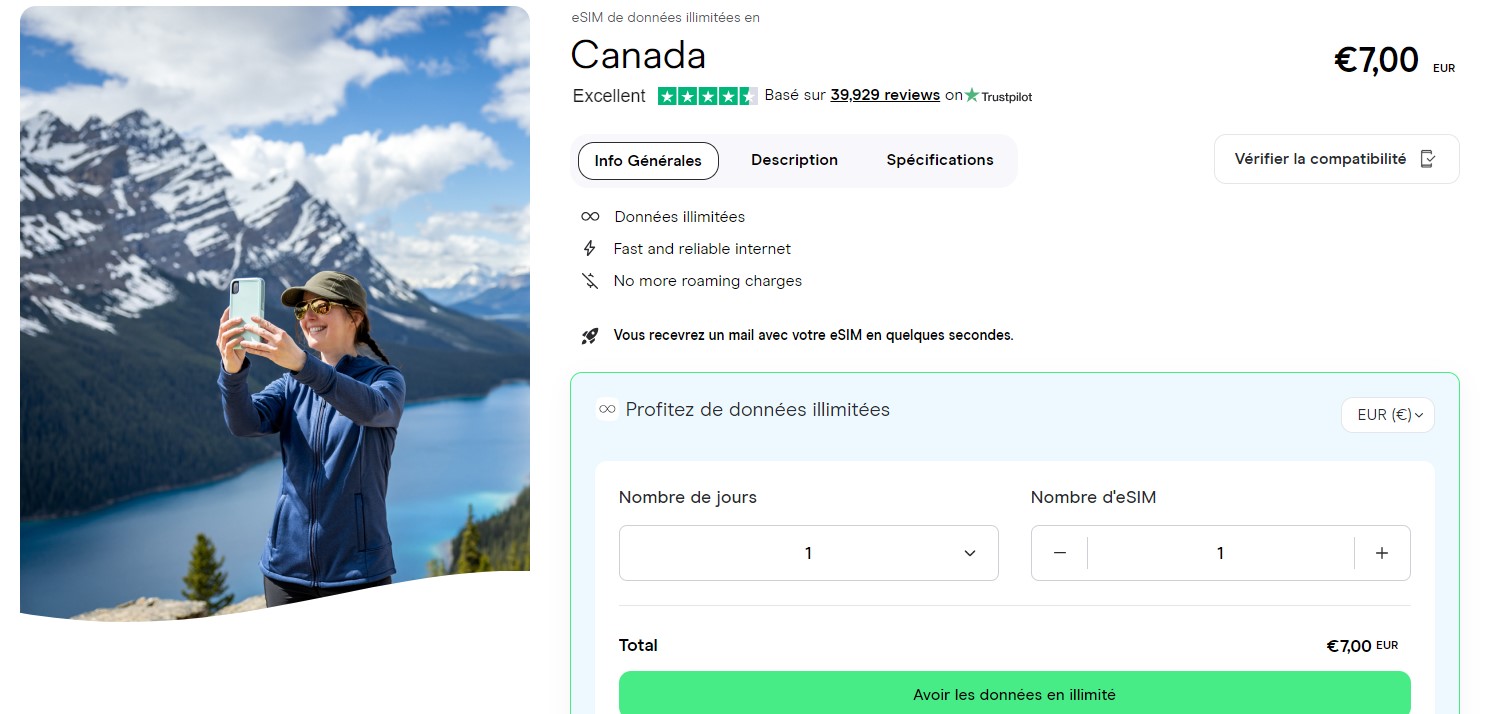 Une caputre d'écran de la page du site Internet Holafly où acheter une carte eSIM pour le Canada