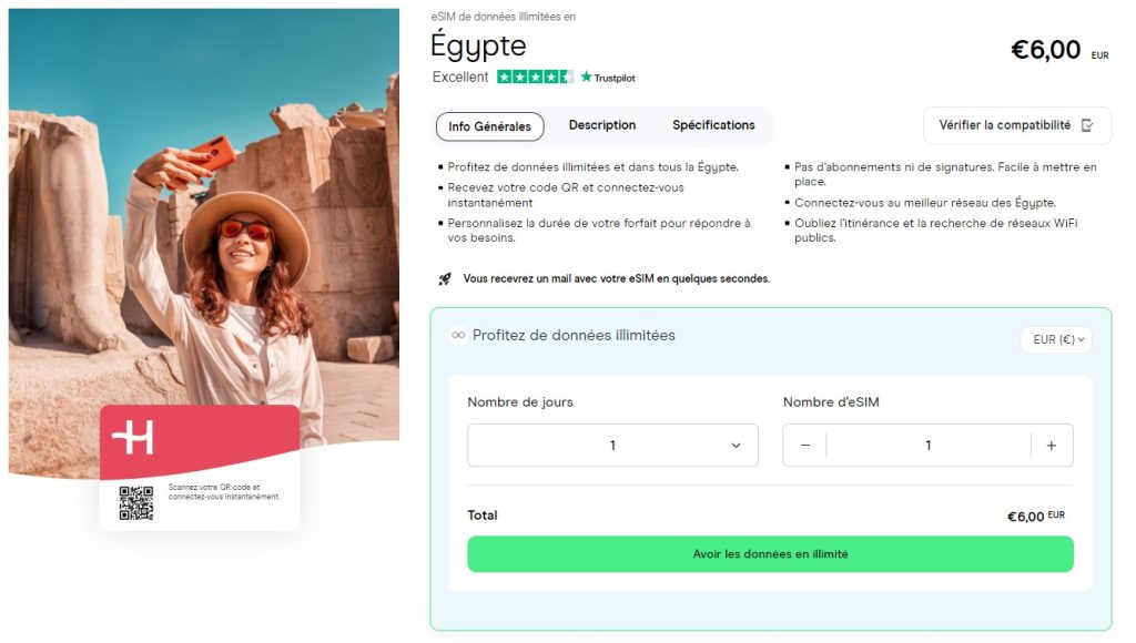 Une capture d'écran du site Internet de Holafly où il est possible d'acheter une carte SIM pour l'Egypte.