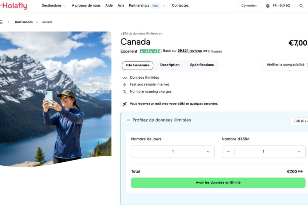 Capture d'écran du site Internet de Holafly sur lequel il est possible d'acheter une carte eSIM Canada