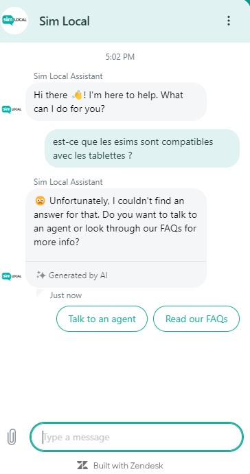 Une capture d'écran du chat client de Sim Local.